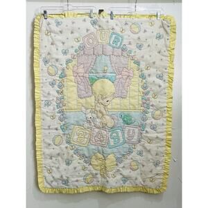 Vintage Precious Moments Quilted Baby Blanket Pastel Turtle Bird Yellow Bunny Bo